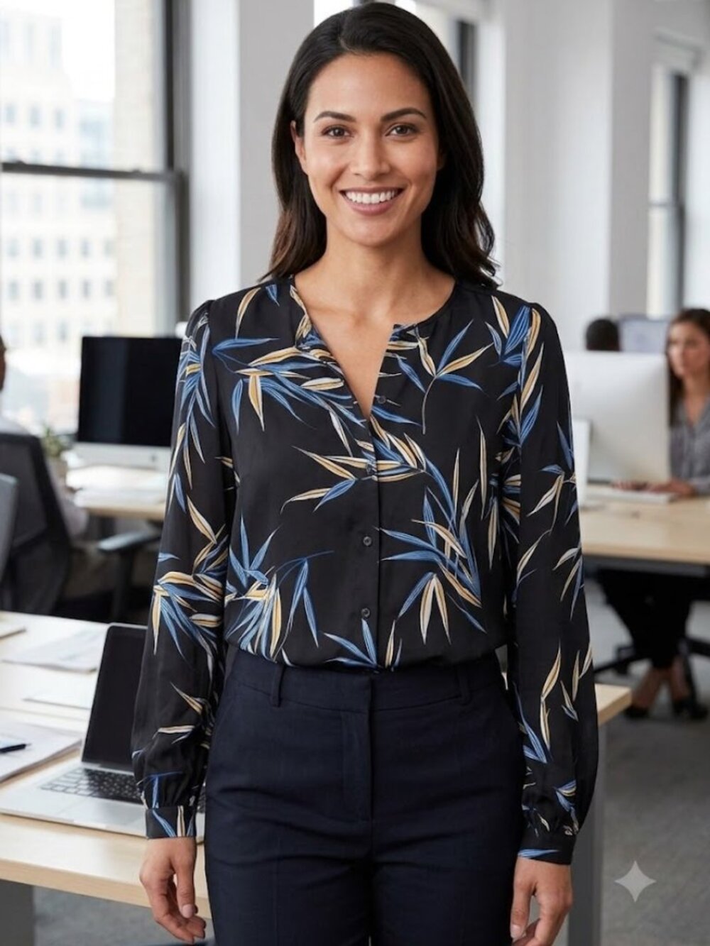 Equipment Black Blouse with Blue and Gold Leaf Print